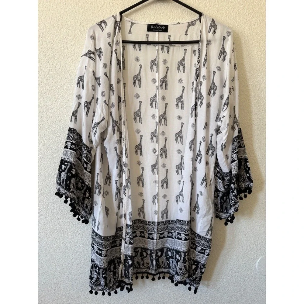 Relipop Womens Kimono Cardigan White Black Giraffe Print Boho‎ Pom Pom Trim M